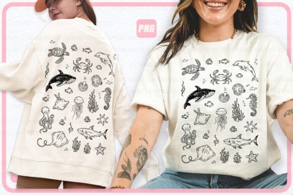 Trendy Summer Ocean Life Doodles PNG Graphics